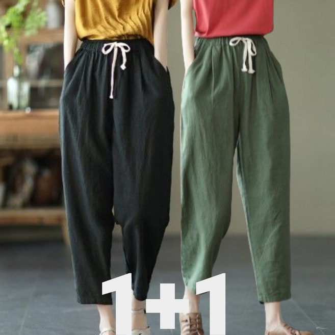 Unique ~100KG 여성 루즈핏 100% 린넨 시원한 조거 팬츠 여름 중년 엄마 캐주얼 9부 팬딩 바지 빅사이즈 2P