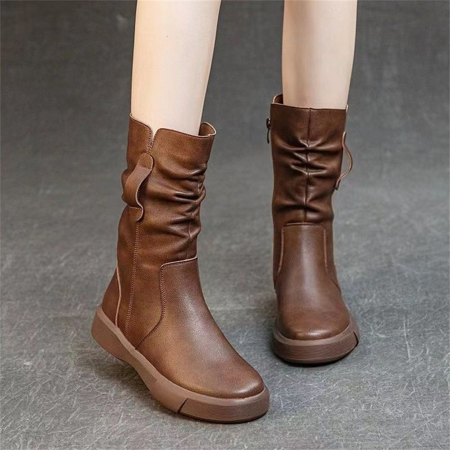 TKX 여성용 가죽 짧은 부츠 편안한 평평한 바닥 가을 겨울 패션 푹신한 쿠션 주름 디테일 KW69