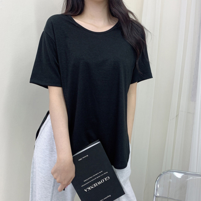 여름 여성 U넥 밑단라운드 반팔티 y존커버 와이존 레이어드 깊은트임 박시핏 반팔