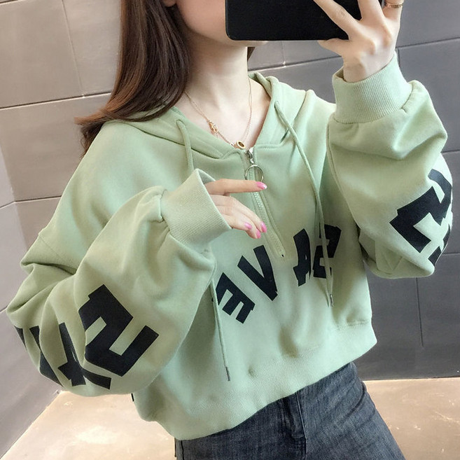 여성 여자 세미 크롭 반집업 얇은 오버핏 레터링 심플 라운드 후드 맨투맨 후드티 긴팔 티셔츠