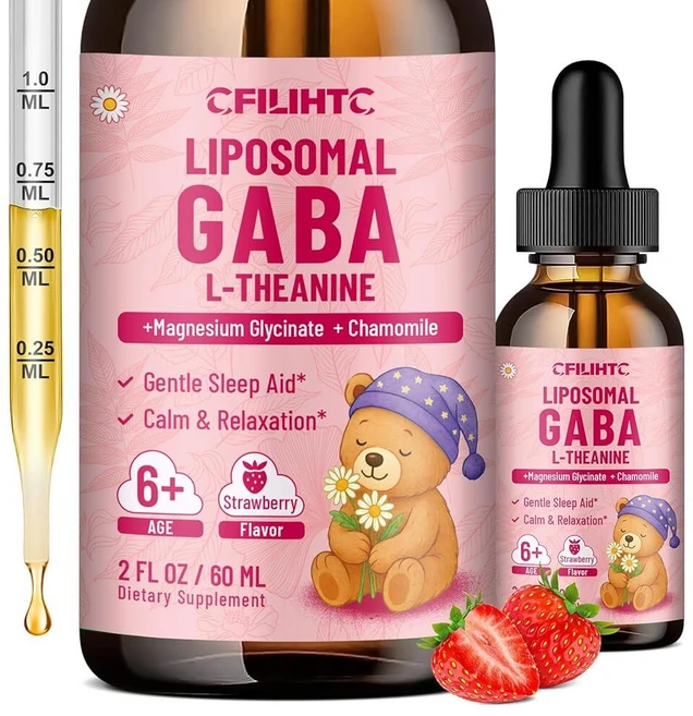 Liposomal GABA L-테아닌 아동용 드롭 - 마그네슘 카모마일 레몬 밤 및 비타민 B6가 함유된 액체 보충제 어린이 성인용 이완 집중력 스트레스 완화 지원 맛, 2액량 온스(1개입), 딸기 - 쿠팡