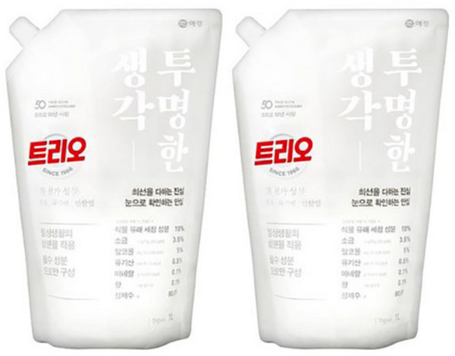트리오 투명한 생각 주방세제 파우치형, 1L, 2개