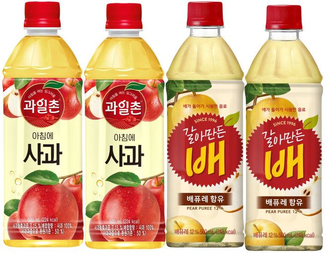 해태음료 과일촌 아침에 사과+갈아만든배 2종 각 2개씩 혼합, 4개, 500ml