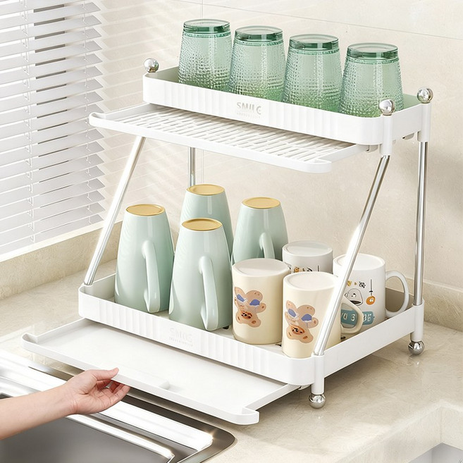 호밍사이 2단 컵 정리대 건조대 커피 정리대 책상 선반 정리대, 1개, 흰색