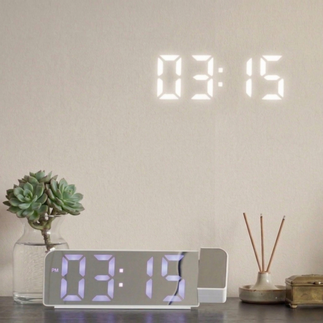 웨이백홈 빔프로젝트 날짜 온도 거울 LED 탁상시계, 화이트 미러