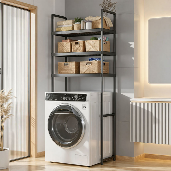 강화판 세탁기 선반 건조기 겸용 다용도 3단 선반 수납 정리 일체형 도톰 선반, 1개, 3단 강화 블랙 70×175×26CM