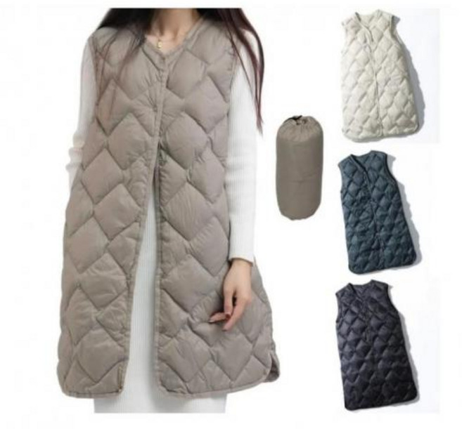 여성 오리털 경량 패딩 다이아 퀼팅 롱패딩 조끼 덕다운 롱조끼