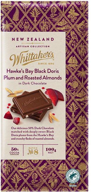 Whittakers 휘태커스 Hawkes Bay 자두 앤 로스트 아몬드 다크 초콜릿 바 스낵 100g 4팩, 4개