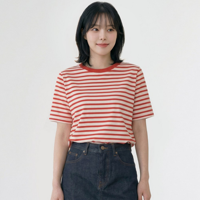 엠제이스타 여성용 베이직 줄무늬 라운드넥 스트라이프 반팔 티셔츠 5color