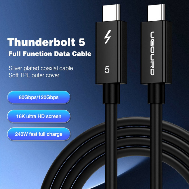 썬더볼트 5 케이블 소프트 TPE 80Gbps 타입 C USB4 V2 동축 USB to 240W 16K 8K eGPU 맥 미니 SSD 아이폰 16 맥북용, Thunderbolt 5, 0.5m