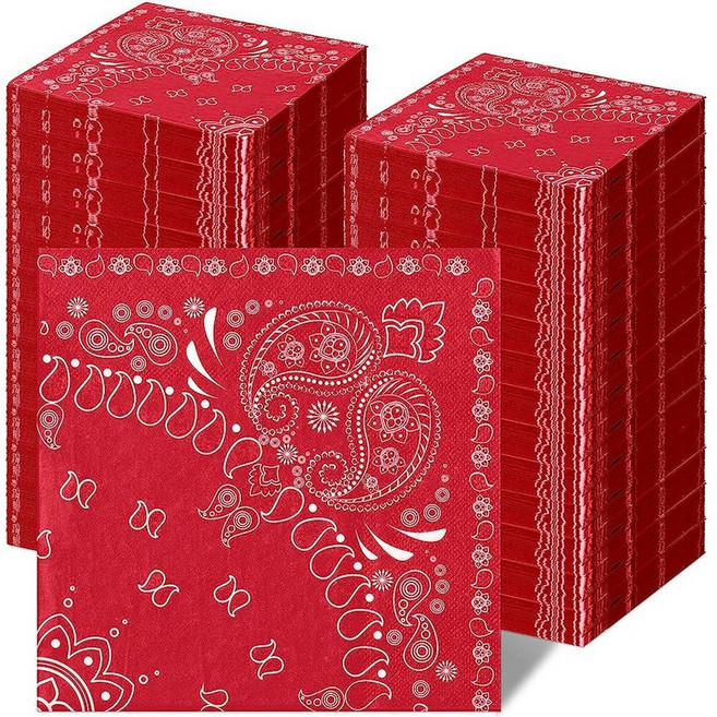 Teling 200 Pcs Western Bandana Napkins 2 Ply Paper Bulk Disposable Paisley 프린팅디자인 Cocktail Napkin, 레드