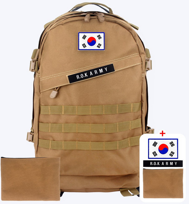 군인가방 45L 브라운 + 흰색 태극기 + R.O.K ARMY 패치 +파우치 - 밀리터리 남자 학생 출타 배낭 헬스 여행 등산 캠핑