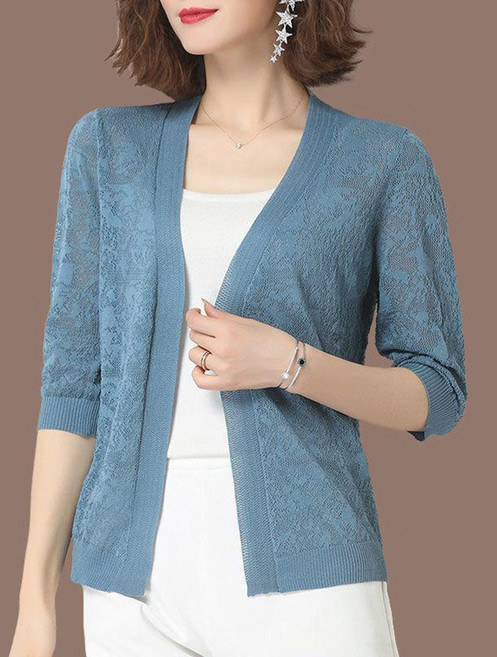 ROYALBELLE 여성 레이스 7부소매 자외선 차단 카디건 쇼트핏 루즈핏 얇은 반팔 니트 카디건 V041833