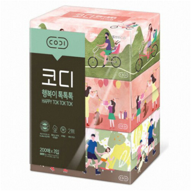 코디 행복이 톡톡톡 200매 3입 1개 미용티슈 각티슈, 3개입, 200매입
