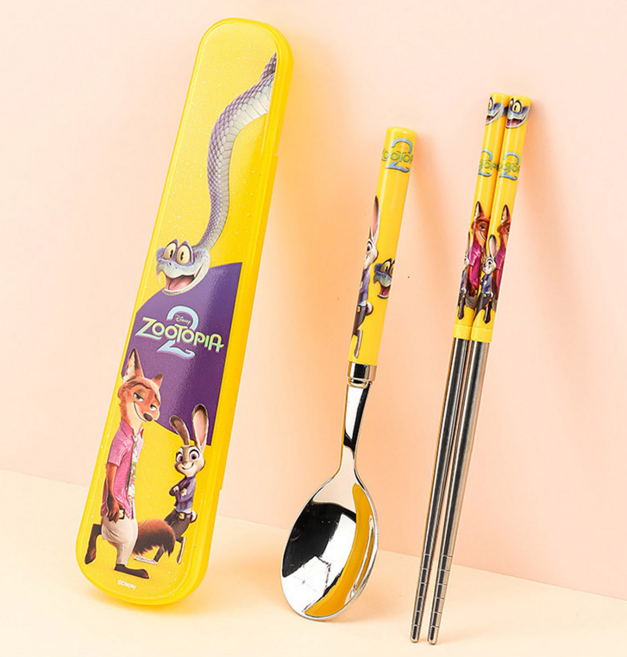 주토피아2 가벼운 주니어슬림진공 스텐수저 케이스세트 국산, 옐로우, 1개, 스푼 젓가락 케이스