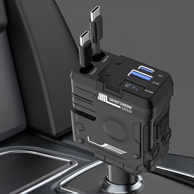 모가비 차량용 릴타입 충전기 4 in1 릴 고속충전기, 블랙, C 타입 + C타입