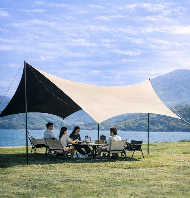 대형 캠핑 타프 차양막 블랙코팅 자외선차단 UV 차단 방수 간편설치 폴대세트, 베이지