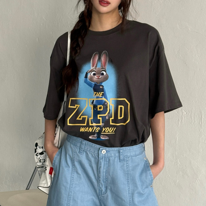 Disney 주토피아 티셔츠 주디 캐릭터 박시핏 반팔티 화이트 차콜