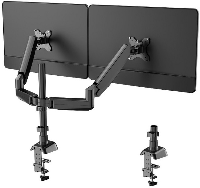 氣壓式雙螢幕支架 14-32吋電腦螢幕支架 螢幕增高架 伸縮電腦支架, 1個, 雙氣壓臂立柱款丨送雙套固定夾, 黑