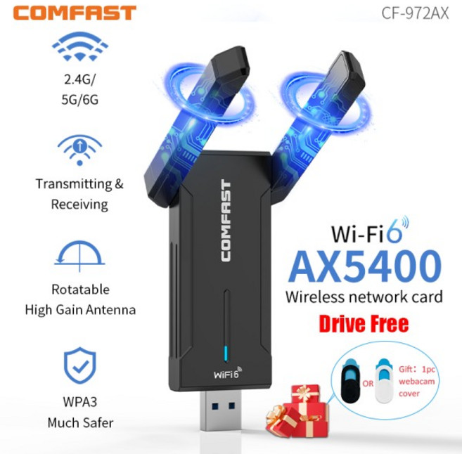 USB Wifi 어댑터 WiFi6 드라이버 무선 Wi-Fi 동글 AX5400 USB3.0 Wi Fi 네트워크 카드 RTL8832CU WPA3 Win, [01] Black WIFI 6, 1개