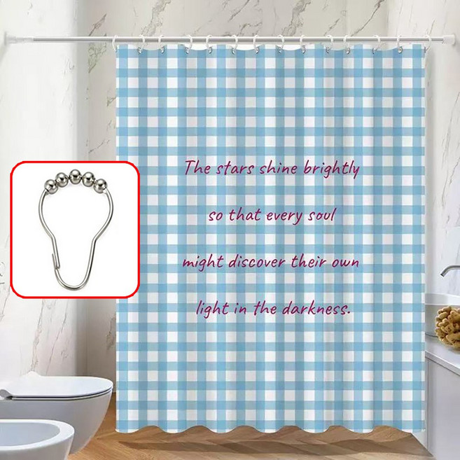 Alemon 프리미엄 패브릭 방수 샤워 커튼 + 스텐 커튼 링, 체크블루, 1개