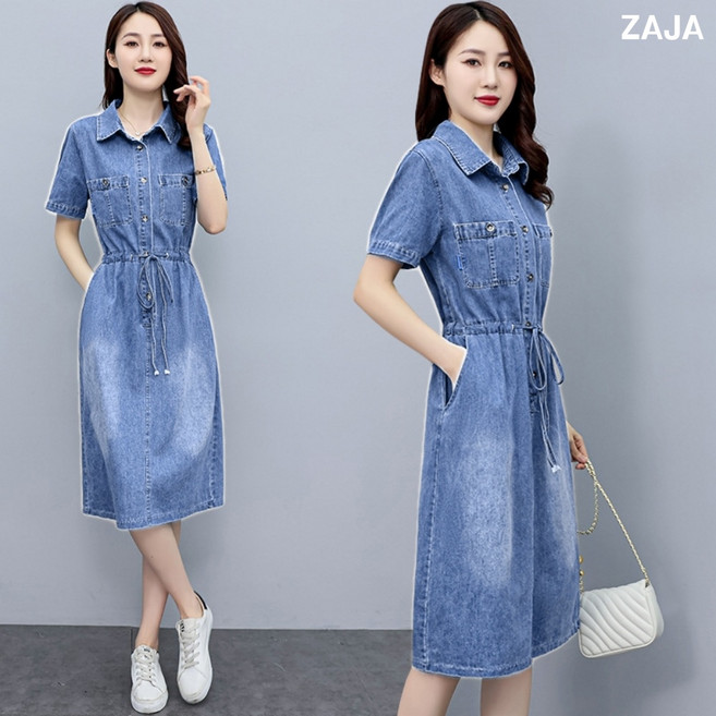 ZAJA 여성 빅사이즈 데님 원피스 반팔 부드럽고 편한 데일리 원피스