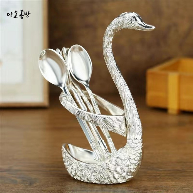 아소공방 에스크드림 황금 스완 포크/티스푼 세트, 스완+티스푼6개, 실버, 1개