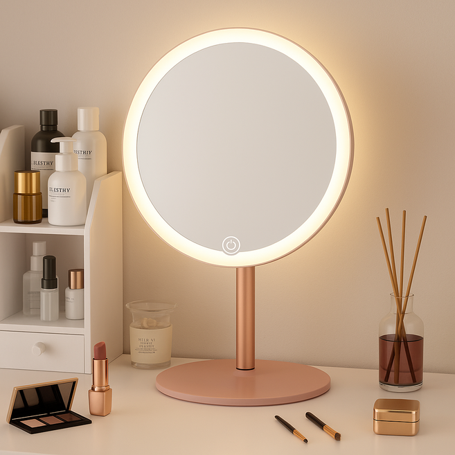 차르미콜 충전식 LED 조명 화장대 탁상거울 21cm, 사쿠라핑크