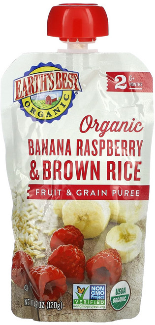 Earth's Best 유기농 과일 및 곡물 퓨레 6개월 이상 바나나 라즈베리 및 현미 120g(4.2oz), EarthsBest유기농과일및곡물퓨레6개월이상바나나라즈, 120g, 1개