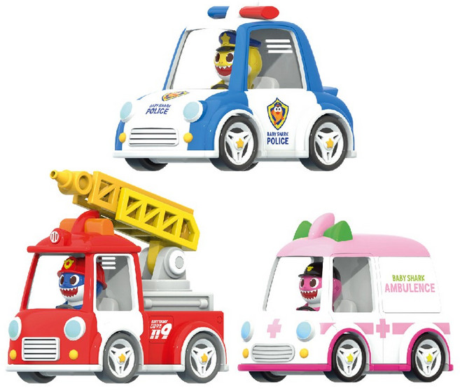 [손오공공식] 핑크퐁 아기상어 비상자동차 3종세트 유아장난감 캐릭터 미니카 경찰차 구급차 소방차 역할놀이 선물용, 1세트