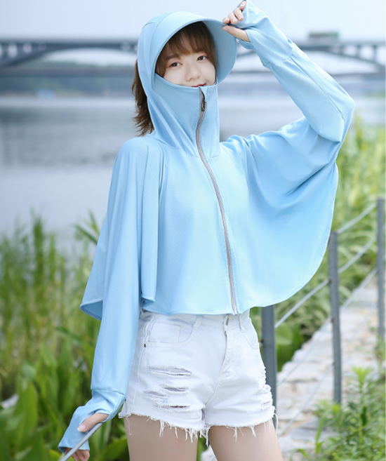 자외선 차단 UV차단 후드집업 여름 시원한 집업 여성용 아이스 점퍼, 푸른 색