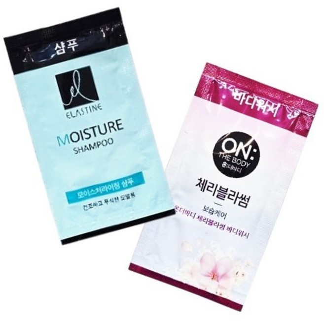 일회용 엘라스틴 샴푸 25개+ 온더바디 바디워시 25개 총 50개 여행용 휴대용, 1개