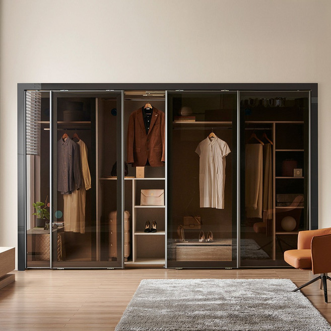 보루네오 E0 강화유리 슬라이딩 붙박이장 240~390cm 10자, 브론즈