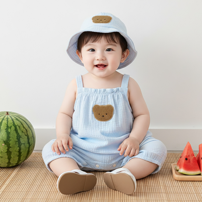 몽실이 거즈면 나시 오버롤즈 모자세트 3PCS 유아복 여름 우주복 롬퍼 가디건 바디슈트 상하세트 긴팔 아우터 멜빵 여아 남아