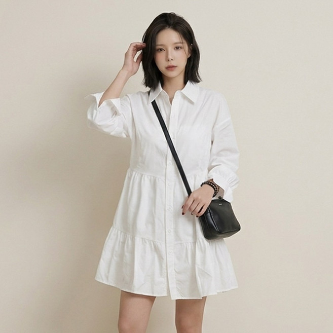 오브나인 긴소매 셔츠 카라 캉캉 미니 원피스 (2color)+델로나