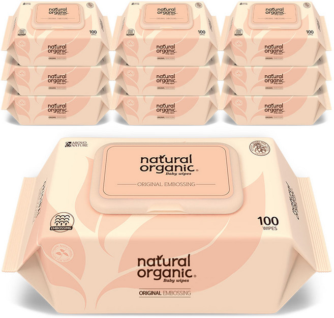 네츄럴오가닉 오리지널 엠보싱 유아용 물티슈 캡형, 52g, 100매, 10개
