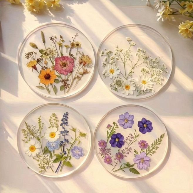 컵받침 투명 아크릴 티타임 포토 카페 테이블 꾸미기 플라워, 원형 4입