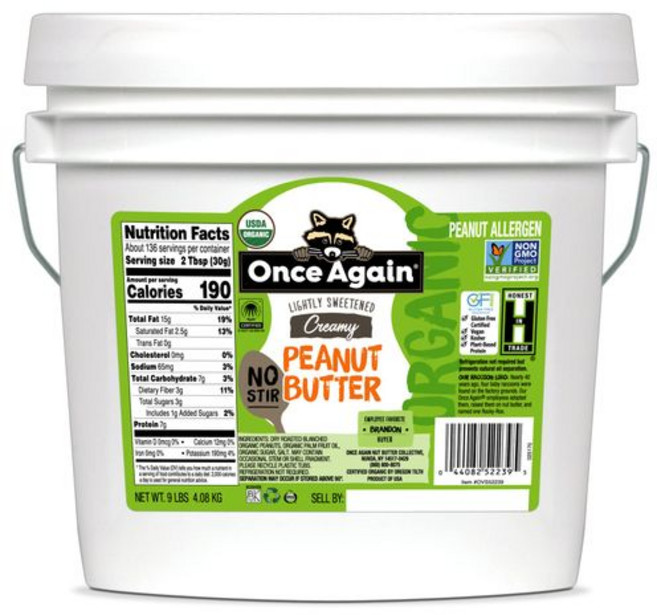 원스 어게인 유기농 크리미 땅콩 버터 4.08kg 버킷 - Once Again Organic Creamy Peanut Butter 9lb Bucket (same as 9 jar, 1개