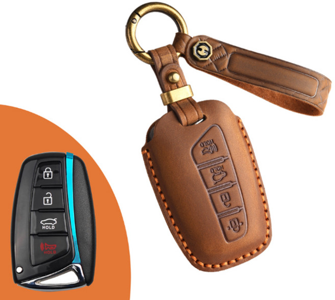 제네시스 빈티지 레더 리얼 핸드메이드 가죽 스마트 차 키 케이스 G GV 70 80 90 EQ900 DH, GN C 4 브라운