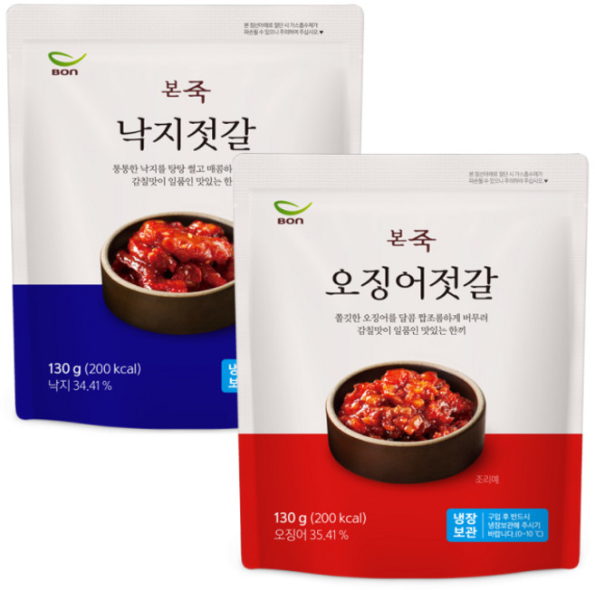 [본죽] 오징어젓갈 130g 1팩 + 낙지젓갈 130g 1팩 반찬, 오징어젓갈130g 1팩+낙지젓갈130g 1팩
