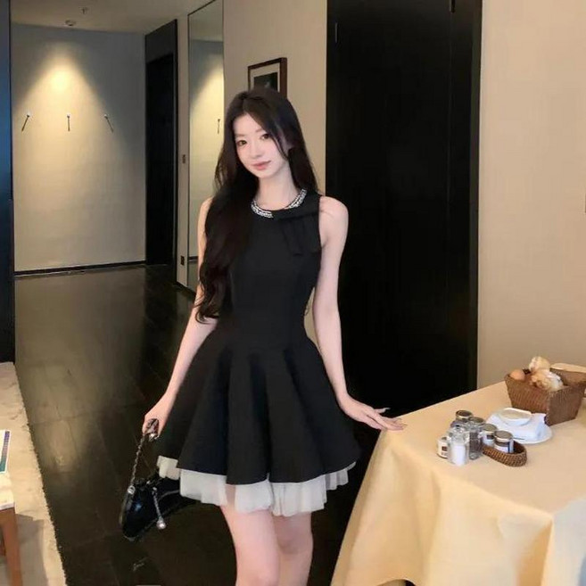 無袖小黑裙連衣裙 女 夏季生日派對小禮服 顯瘦背心裙, 黑色 加內裡