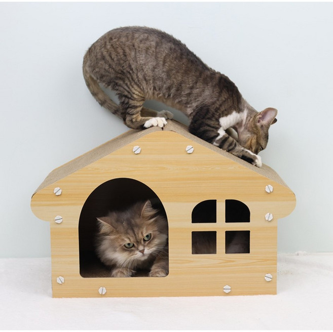 왕왕왕성 고양이 숨숨집 스크래쳐 귀여운 전원하우스, 1개, 내츄럴 우드색