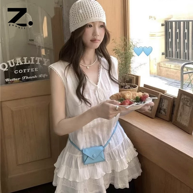 Zoovit 여름 레이어드 민소매 원피스 프릴 브이넥 나시 스커트