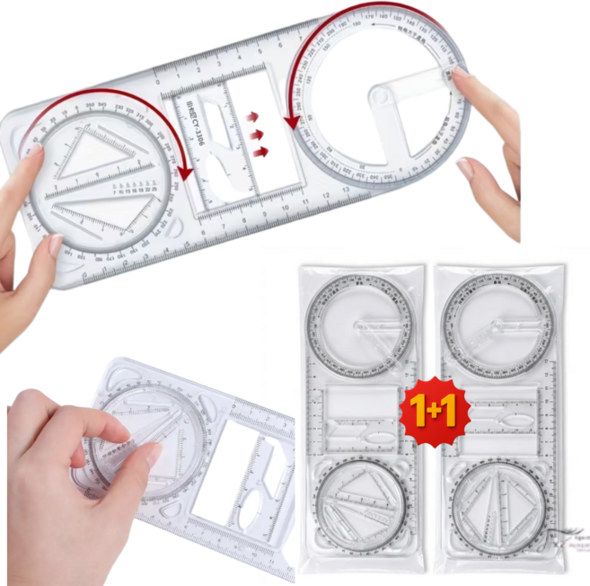 제고비 수학 다용도 만능 자 멀티 제도 각도기 스텐실 도형 그리기, 1개, 투명