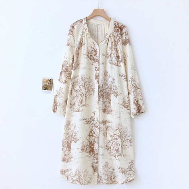 아르앤유 순면 더블거즈 여성 원피스 잠옷 프렌치 프린트 홈웨어 파자마