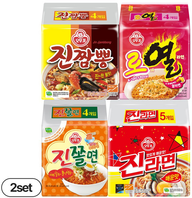 오뚜기 진라면 매운맛 5입+진짬뽕 4입+진쫄면 4입+로열라면 4입, 8팩