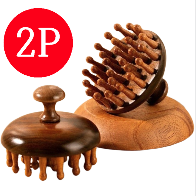 엘엠굿 골든 샌달우드 머리마사지 원목괄사 두피마사지기 2개, 브라운