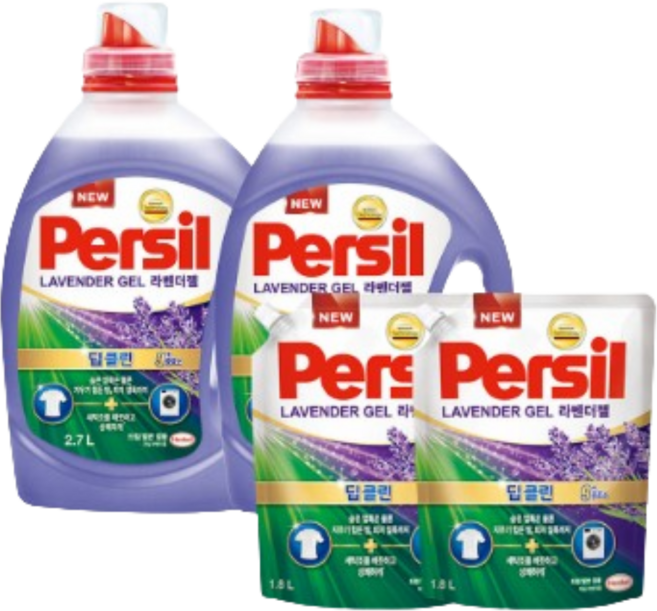 헨켈 세탁세제 퍼실 딥클린 겸용 라벤더 2.7L 2개 + 1.8L 2개