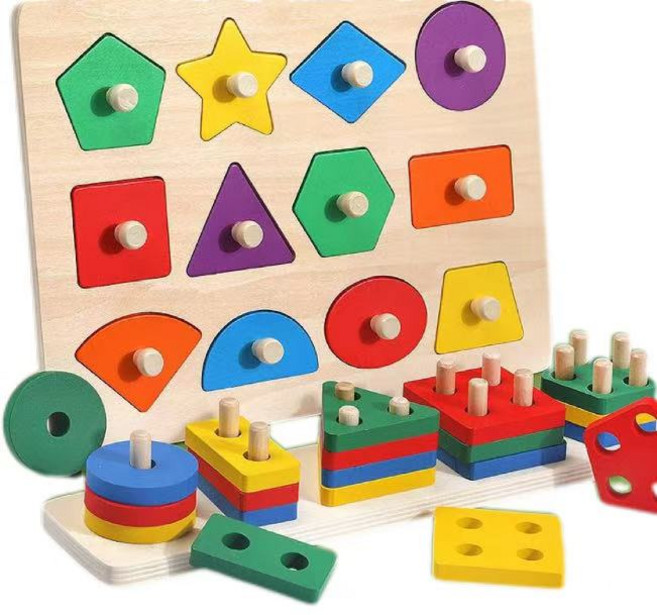 兒童形狀配對手抓板，蒙氏早教幾何圖形益智玩具，適合1-3歲寶寶, 1個, 木質+加厚+光滑+無毛刺,幾何形狀配對【二塊積木】