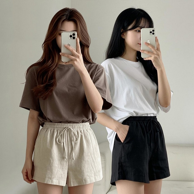 시크벤 1+1 여성 린넨 3부 반바지 데일리 밴딩 A라인 반바지 홈웨어